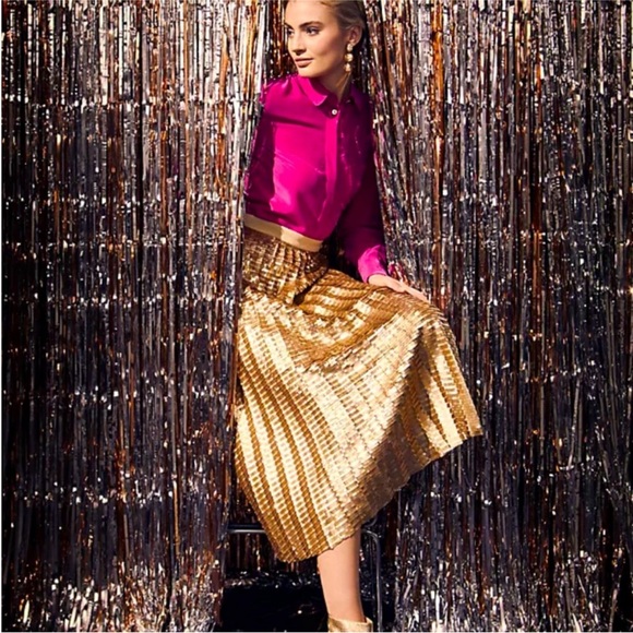 Anthropologie Maeve Natalia Gold Sequin Midi Skirt Pleated A-Line Size 12 NWT - Picture 3 of 15